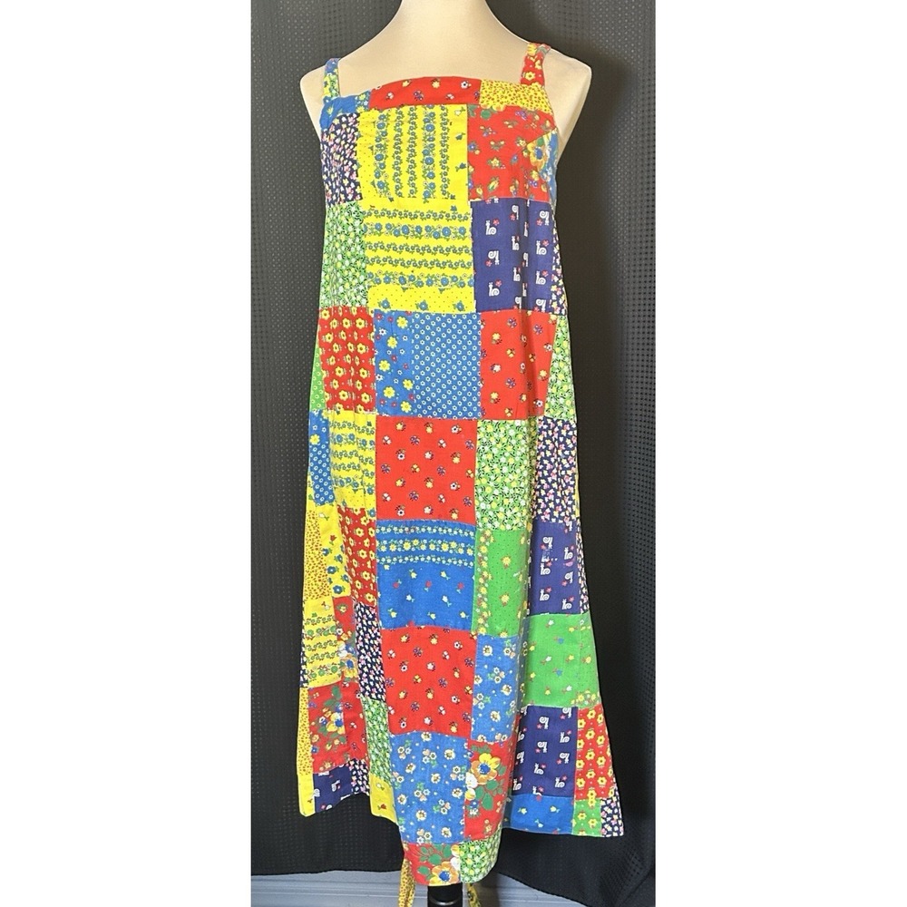 Vtg 60s 70s Calico Patchwork Wrap Apron Dress One Size Pinafore Cottagecore
